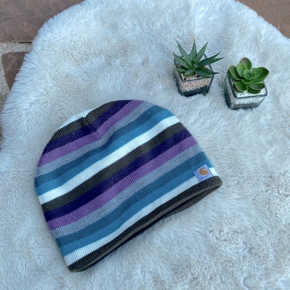 Carhartt Accessories - Women's Carhartt Purple Brown Striped Beanie Hat With Fleece Lining